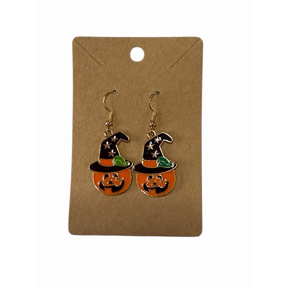Halloween‎ Pumpkin Witch Hat Enamel Dangle Earrings Gold Tone Spooky Festive